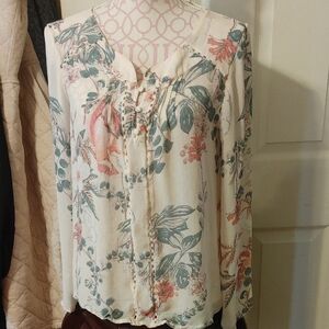 Lucky Brand Cream Long Sleeve Tie Front Blouse